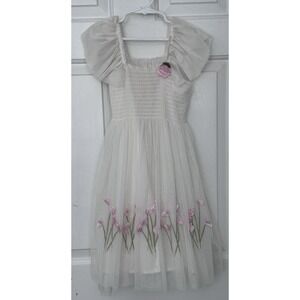 BISCOTTI Flowy White Easter Dress Embroidered Flower Girls 8 Smocked Fairy
